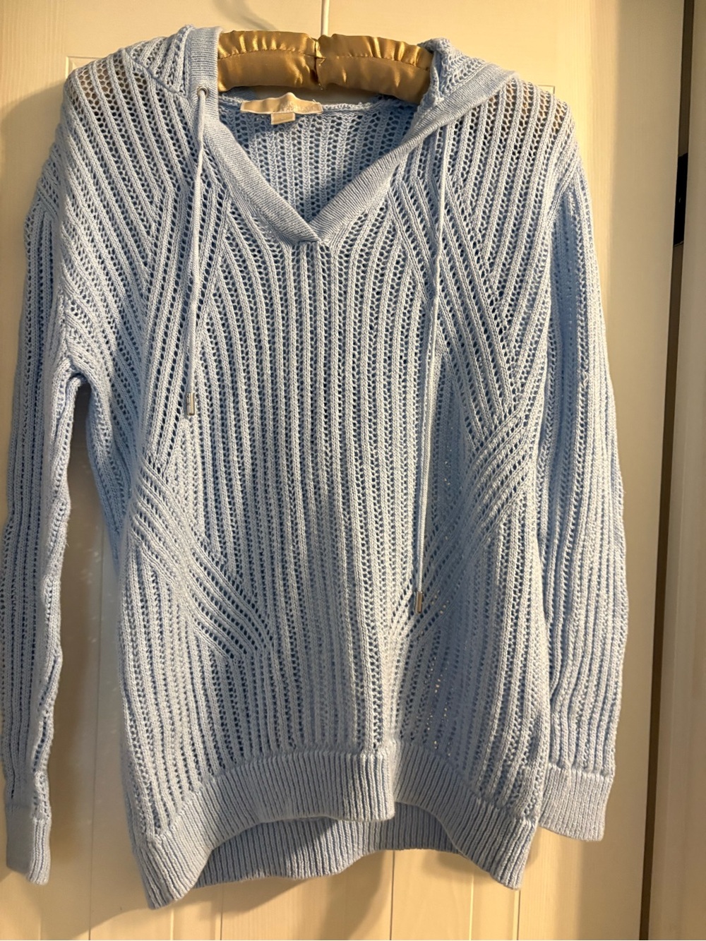 MICHAEL Michael Kors Light Blue Open-Knit V-Neck Hoodie Sweater